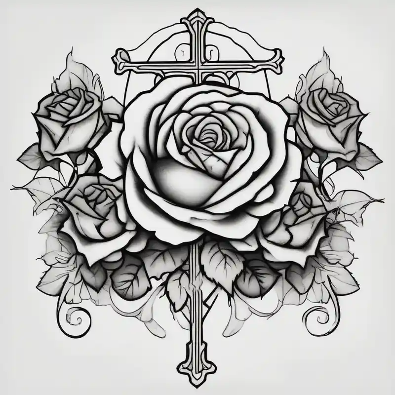 blackwork style 2025年のタトゥーアウトラインとタトゥーアイデア about Roses and with a cross outline in the middle outlines