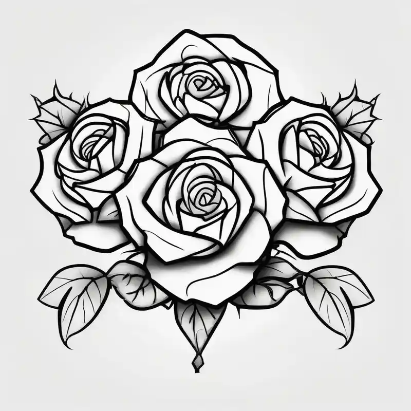 cartoon style Idées de tatouages en contours pour 2025 about Three Big roses and with a cross outline in the middle outlines