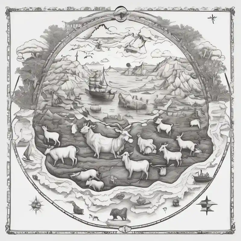 surreal style Ideas de Tatuajes y Contornos de Tatuajes en 2025 about Noah's ark with a badger and a goat and a reindeer inside the outlines of Map of Mallorca