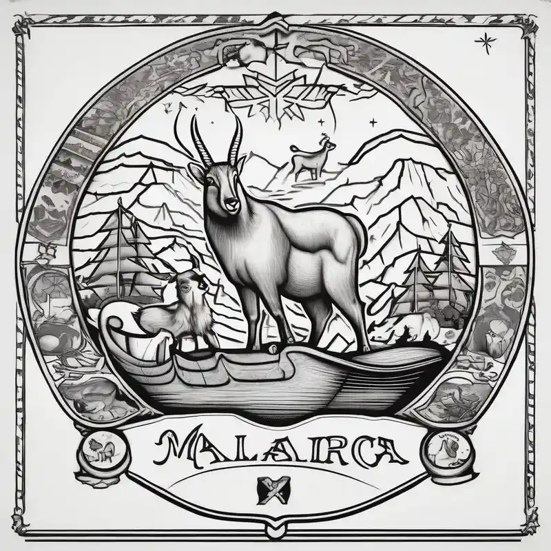 old school style Deer Tattoo Designs and Meanings about A badger and a goat and a reindeer on an ark inside the outlines of Map of Mallorca