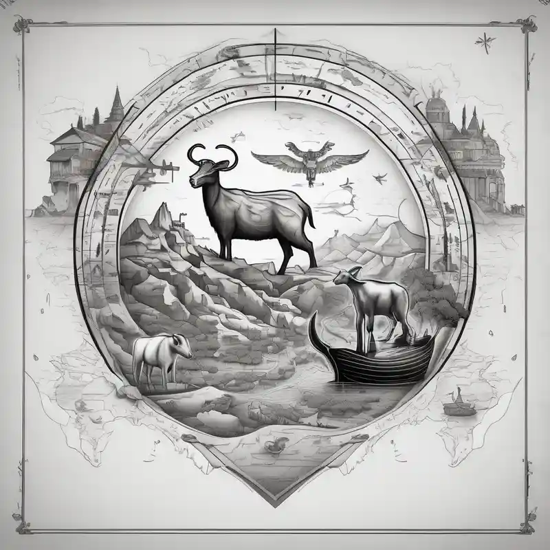 black and white style Tattoo Outlines Tattoo Ideas in 2025 about Noah's ark with a badger and a goat and a reindeer inside the outlines of Map of Mallorca