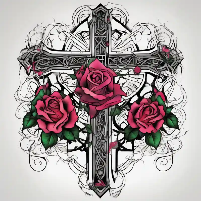 surreal style Idées de tatouages en contours pour 2025 about Roses and with a cross outline in the middle outlines