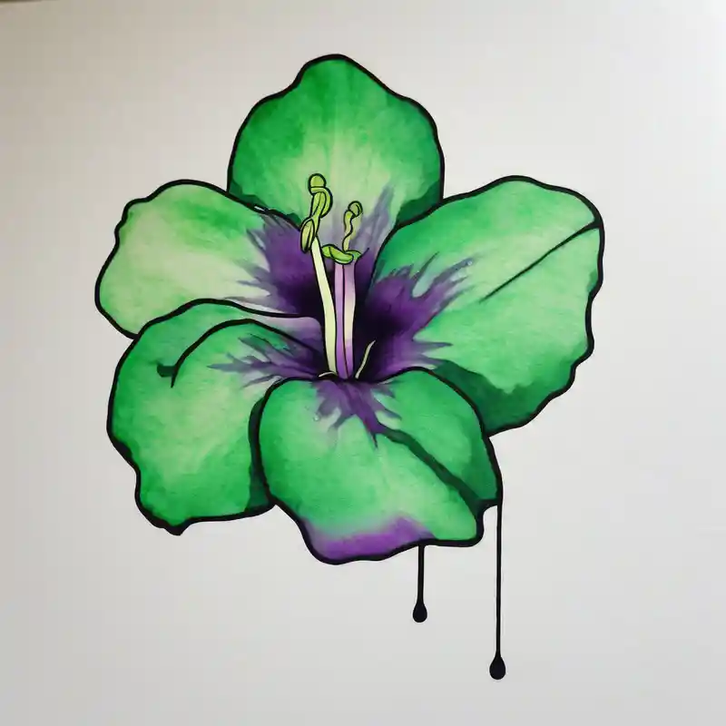 minimalist style Ideas de Tatuajes y Contornos de Tatuajes en 2025 about An outline of an only green rio dipladenia flower and a green and purple watercolor splash in the background outlines and An outline of an only green rio dipladenia flower and a green and purple watercolor splash in the background outlines