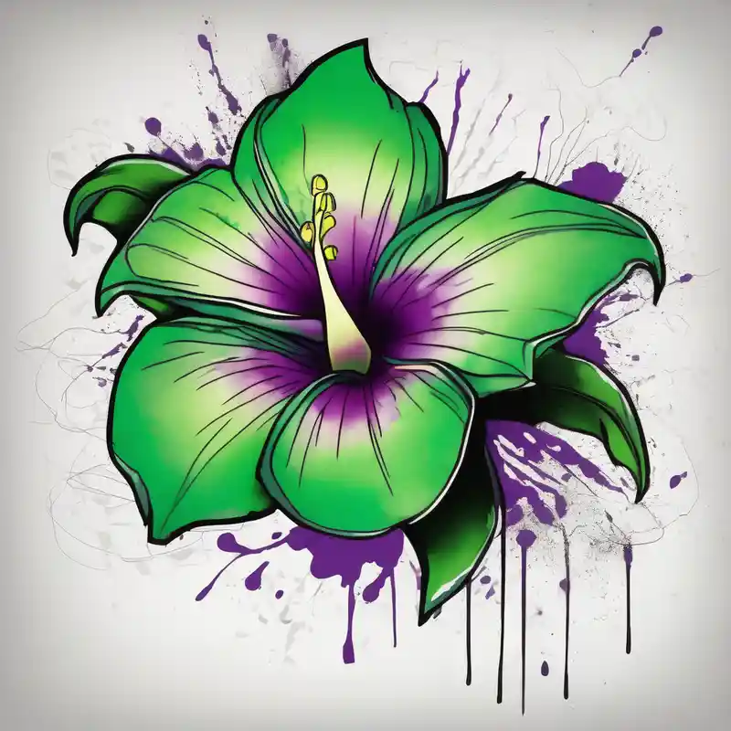 black and white style Idées de tatouages en contours pour 2025 about An outline of an only green rio dipladenia flower and a green and purple watercolor splash in the background outlines and An outline of an only green rio dipladenia flower and a green and purple watercolor splash in the background outlines