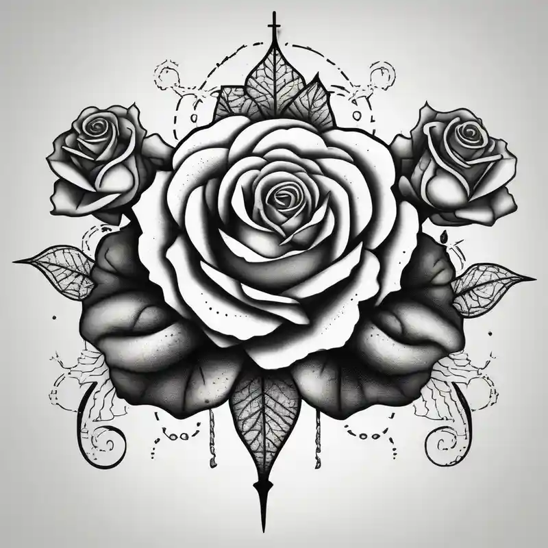 dotwork style 2025年のタトゥーアウトラインとタトゥーアイデア about Three Big roses and with a cross outline in the middle outlines