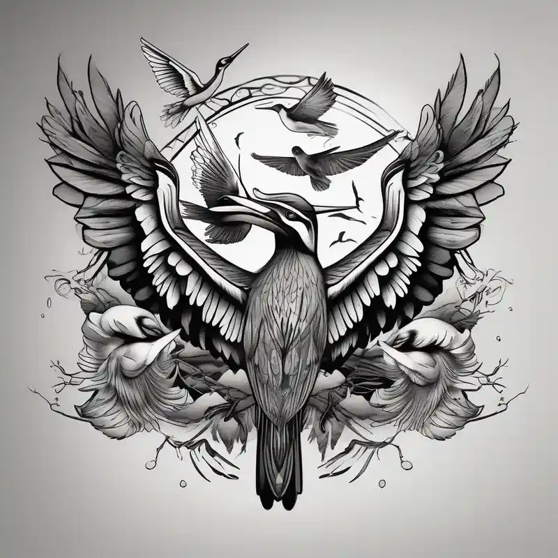 black and white style Hummingbird Tattoo Meaning and Designs in 2024 about Flock of birds including owl and hummingbird