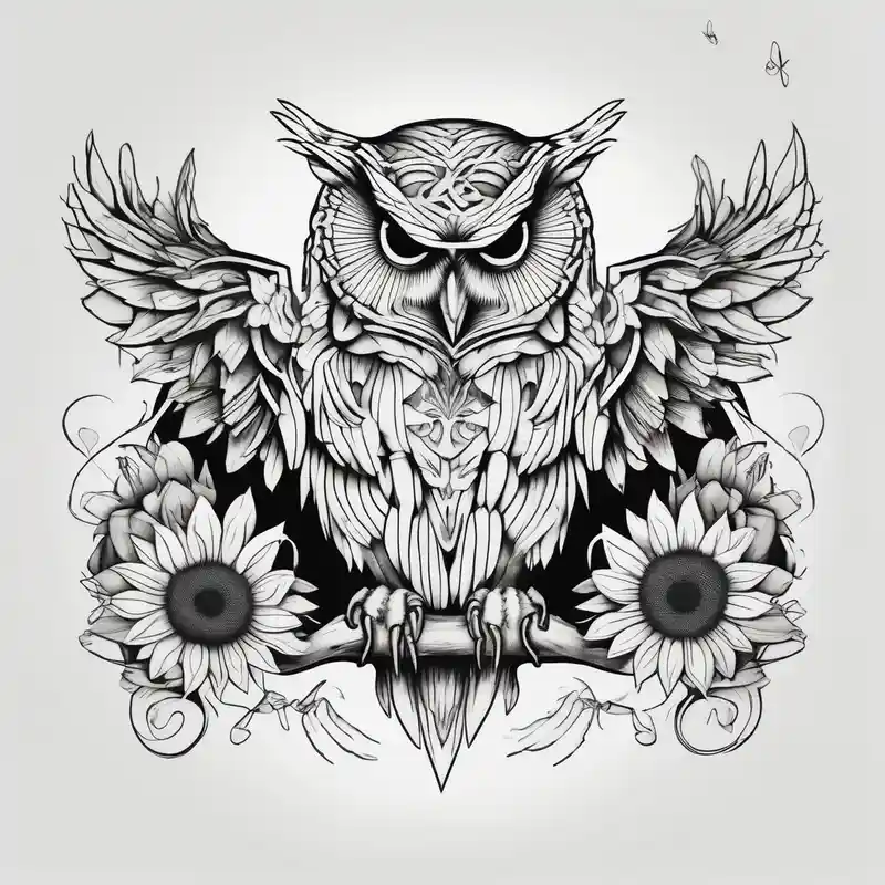 minimalist style Owl Tattoo Designs in 2024 about Owl with angel wings surrounded by sunflowers and butterflies sleeve and Owl with angel wings surrounded by sunflowers and butterflies sleeve