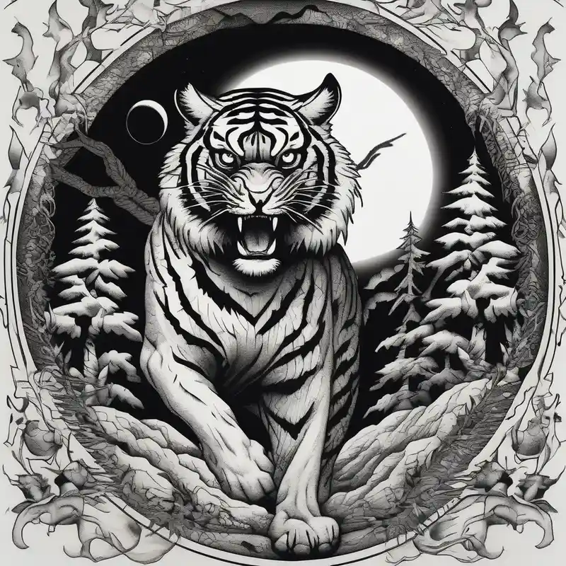 blackwork style Tiger Tattoo Ideas and Designs in 2024 about Tiger hunting a flying owl underneath a full moon in a forest and Tiger hunting a flying owl underneath a full moon in a forest