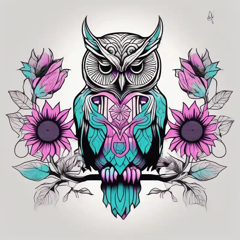 Leg Sleeve with black and white owl that's lightly shaded teal, pink and purple and yellow sunflowers