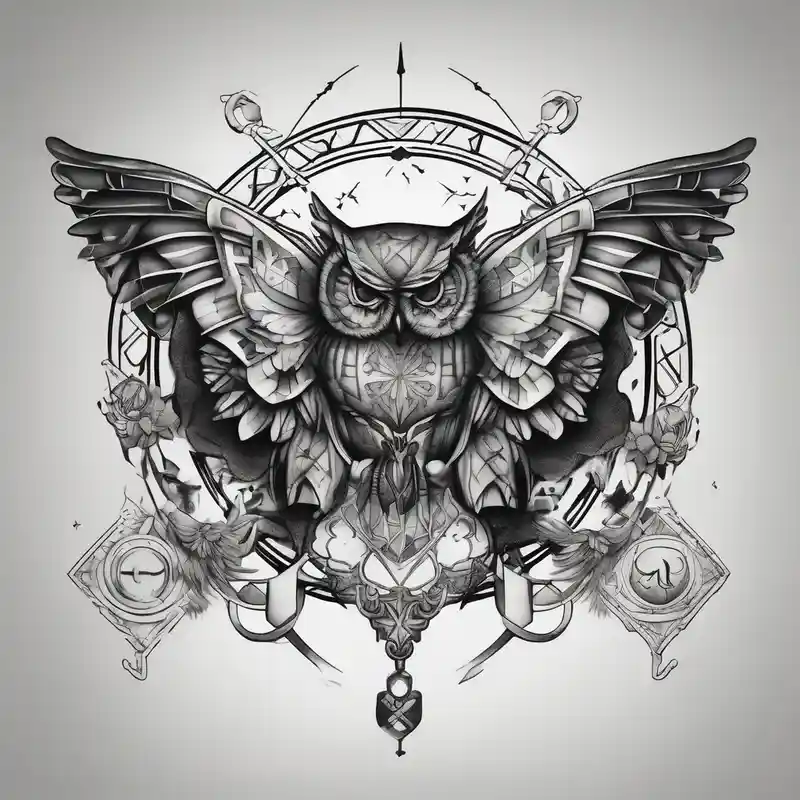 black and white style Guide des Significations et du Symbolisme des Tatouages de Hibou 2025 &Générer gratuitement about Sagittarius zodiac with butterfly and owl and Sagittarius zodiac with butterfly and owl