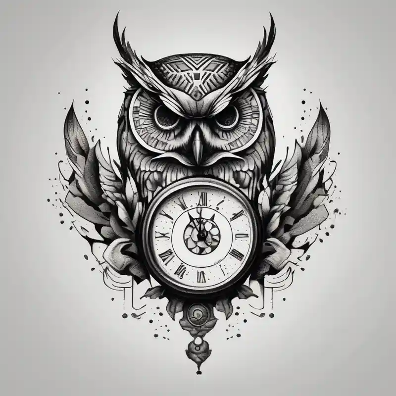 dotwork style Clock Tattoo Ideas in 2024 about owl with a clock. time is running out and owl with a clock. time is running out