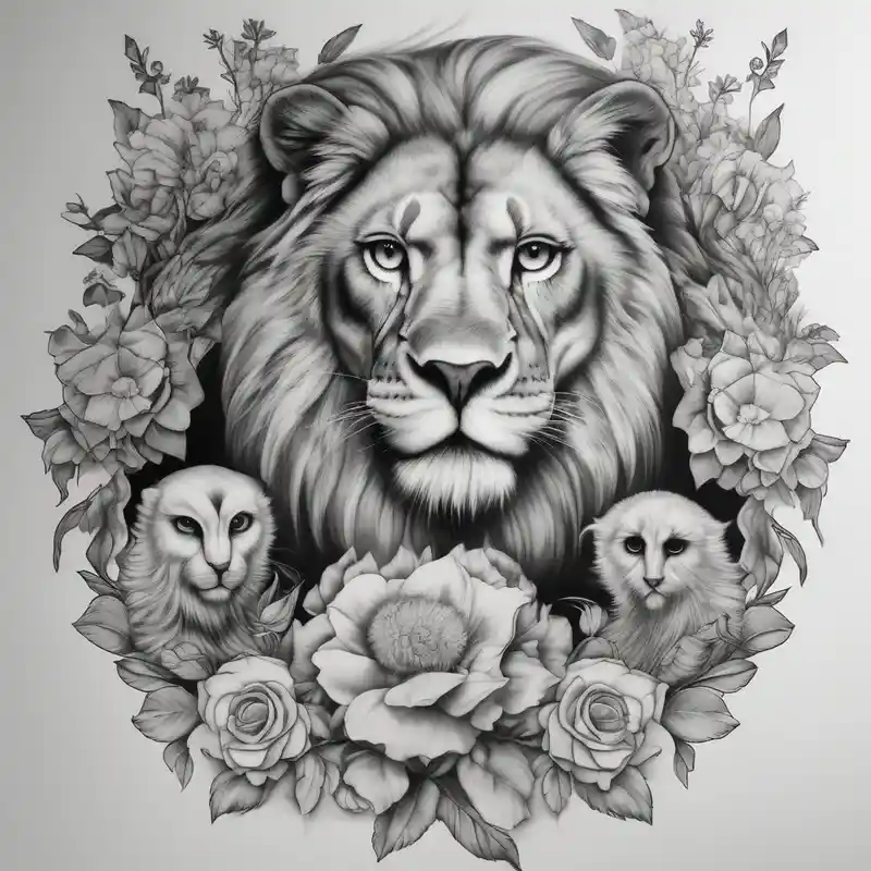 lionesses and owl wit flowers