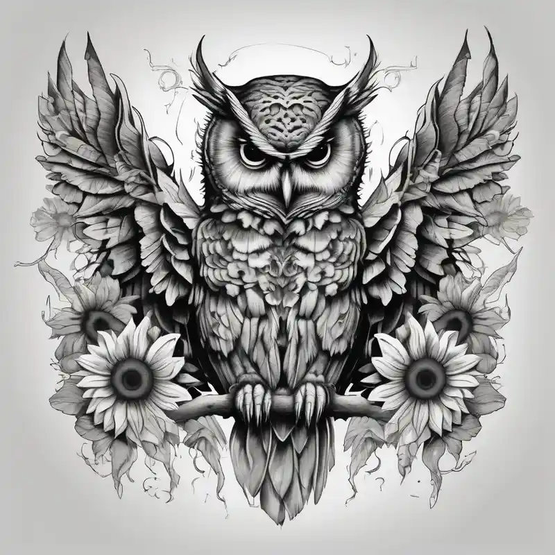 realistic style Owl Tattoo Designs in 2024 about Owl with angel wings surrounded by sunflowers and butterflies sleeve and Owl with angel wings surrounded by sunflowers and butterflies sleeve