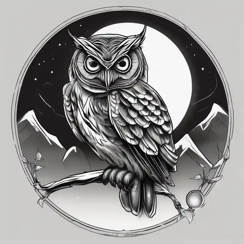 black and white style Moon Tattoo Designs and Meanings about An owl perched beneath a glowing moon and An owl perched beneath a glowing moon