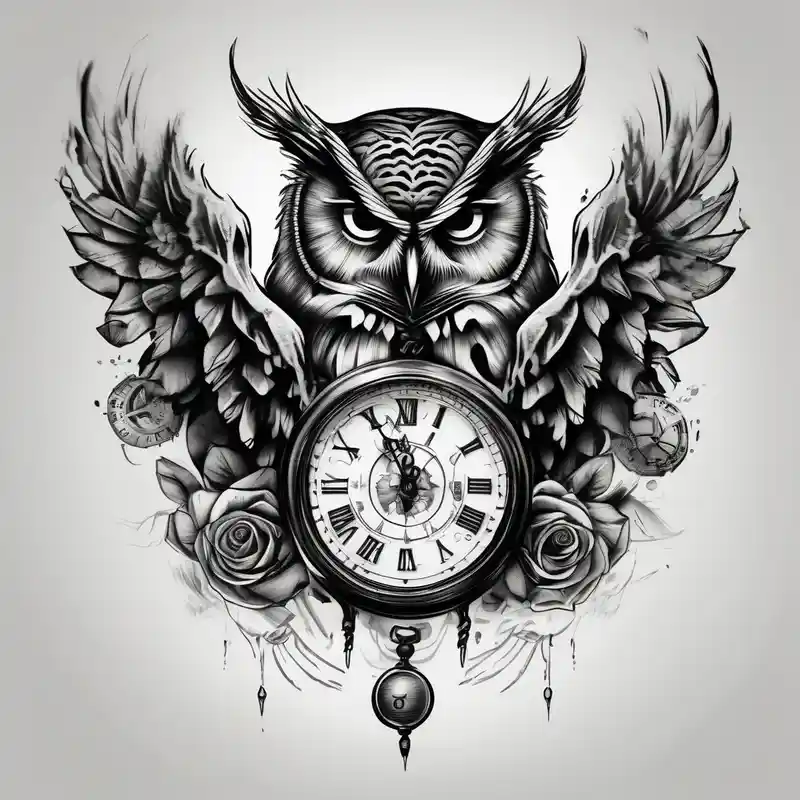 realistic style Clock Tattoo Ideas in 2024 about owl with a clock and skull and owl with a clock and skull