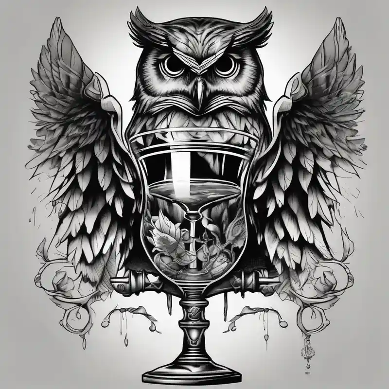 black and white style Owl Tattoo Ideas in 2025 about Create a flying owl holding an old wine goblet and an hourglass and Create a flying owl holding an old wine goblet and an hourglass