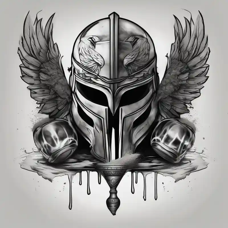 black and white style 2025年のフクロウタトゥーアイデア about Create a faceless Spartan warrior helmet image with weight and below with a flying owl holding an old wine goblet and an hourglass with sand falling from it. and Create a faceless Spartan warrior helmet image with weight and below with a flying owl holding an old wine goblet and an hourglass with sand falling from it.