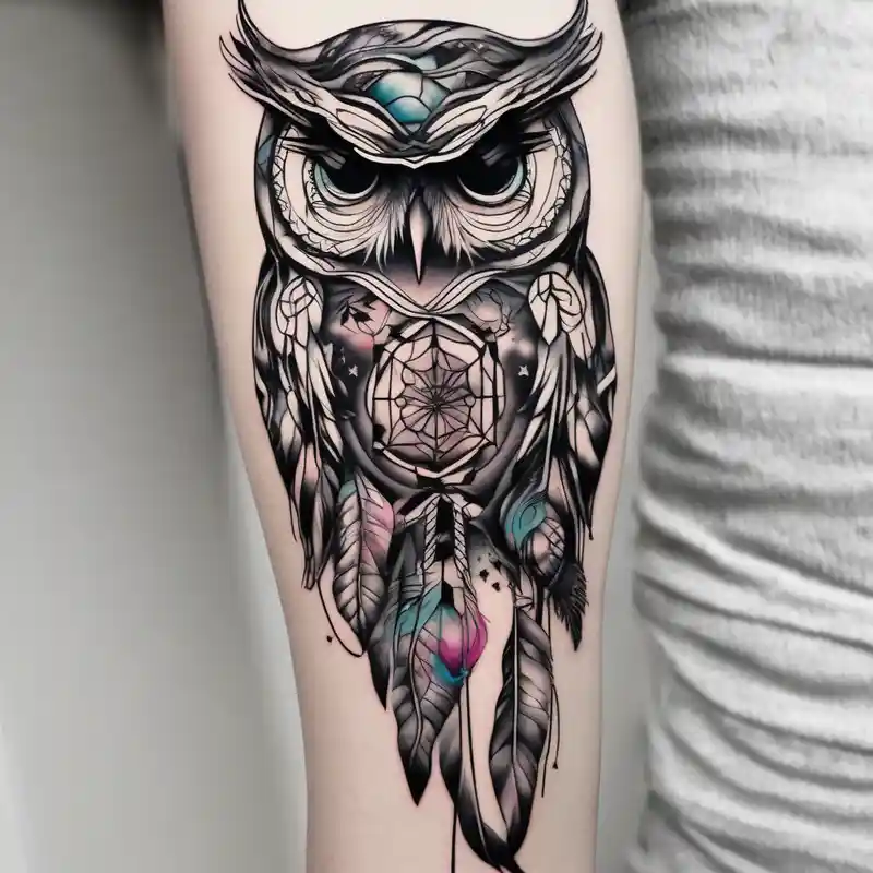 surreal style Owl Tattoo Designs in 2024 about Owl and dreamcatcher back of calf sleeve and Owl and dreamcatcher back of calf sleeve