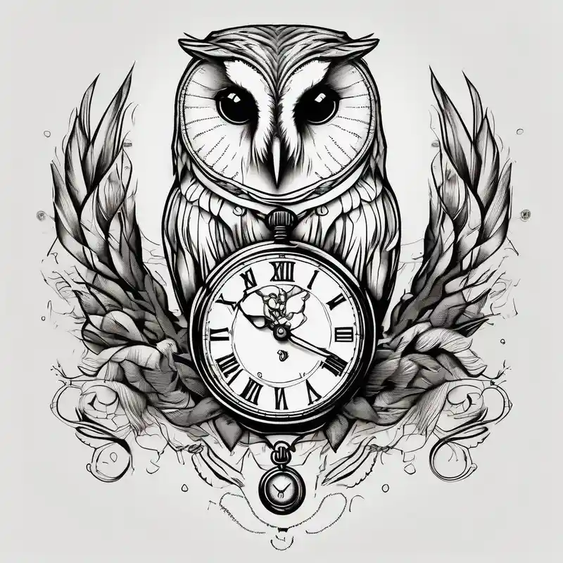 blackwork style 3 Ideas de Tatuajes de Bebés Ángeles en 2025 & Generar gratis about Barn owl holding a pocket watch with the time set at 1:43 and Barn owl holding a pocket watch with the time set at 1:43