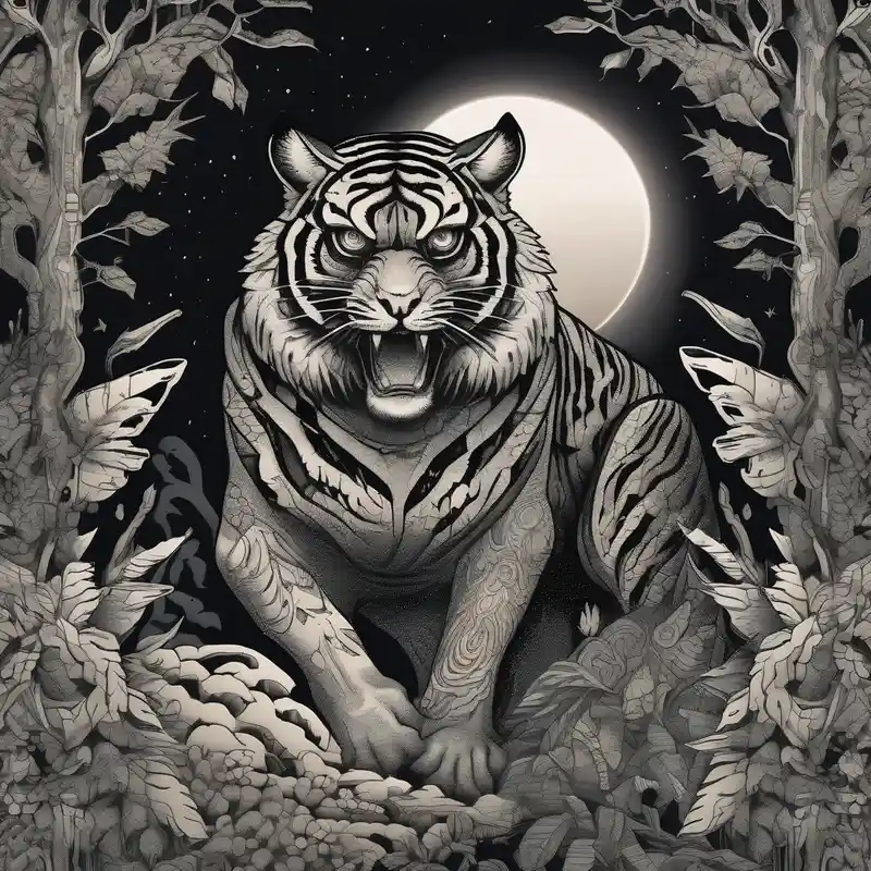 dotwork style Tiger Tattoo Ideas and Designs in 2024 about Tiger hunting a flying owl underneath a full moon in a forest and Tiger hunting a flying owl underneath a full moon in a forest