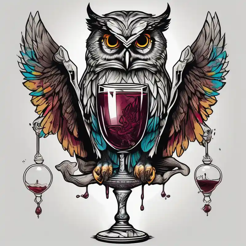 sketch style Guide des Significations et du Symbolisme des Tatouages de Hibou 2025 &Générer gratuitement about Create a flying owl holding an old wine goblet and an hourglass and Create a flying owl holding an old wine goblet and an hourglass