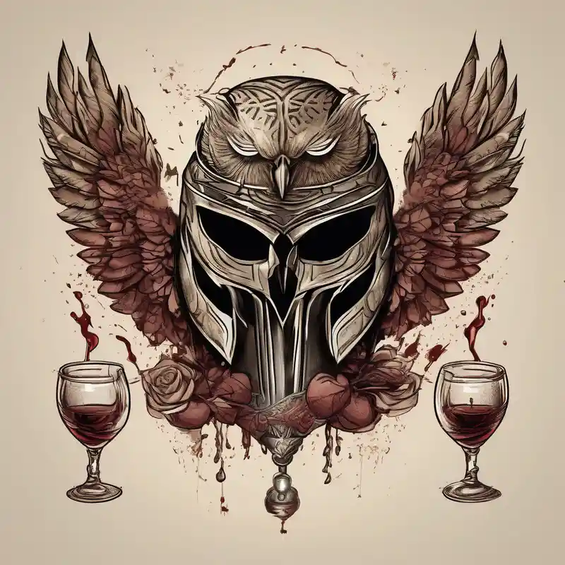 surreal style フクロウのタトゥーの意味と象徴ガイド2025 about Create a faceless Spartan warrior helmet image with weight and below with a flying owl holding an old wine goblet and an hourglass with sand falling from it. and Create a faceless Spartan warrior helmet image with weight and below with a flying owl holding an old wine goblet and an hourglass with sand falling from it.