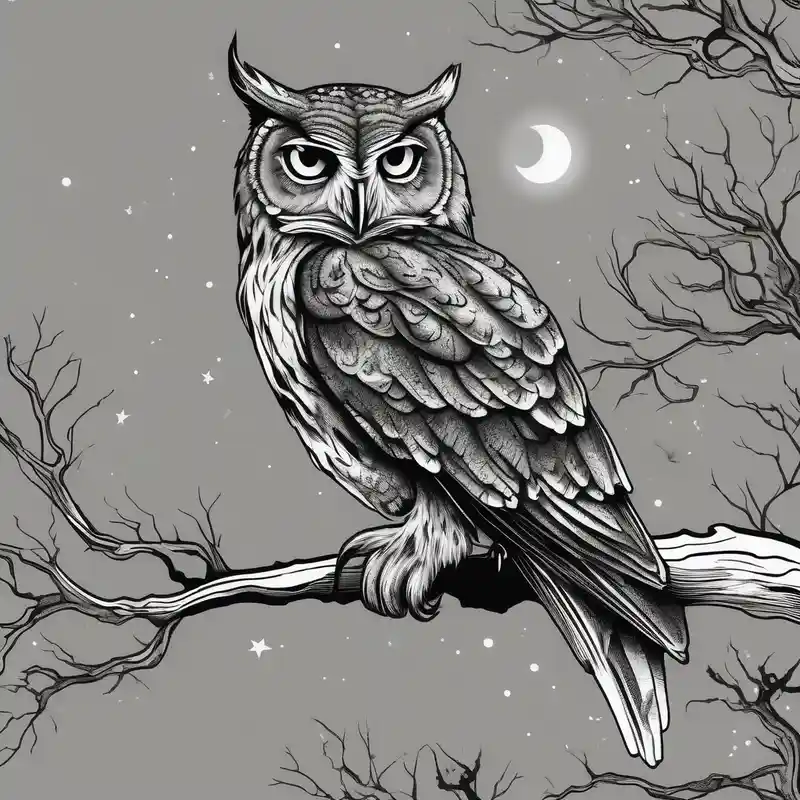 black and white style Idées de tatouage d'étoile sur la jambe en 2025 &Générer gratuitement about wise owl perched on ancient oak branch under starlit sky and wise owl perched on ancient oak branch under starlit sky