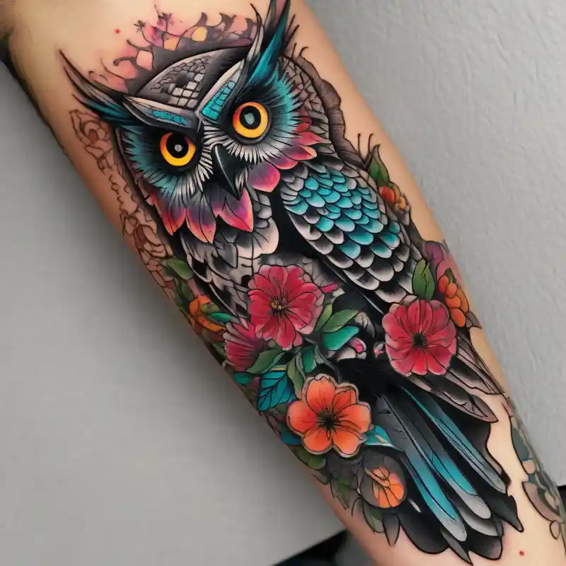 dotwork style Hummingbird Tattoo Meaning and Designs in 2024 about half-sleeve with flowers and an owl