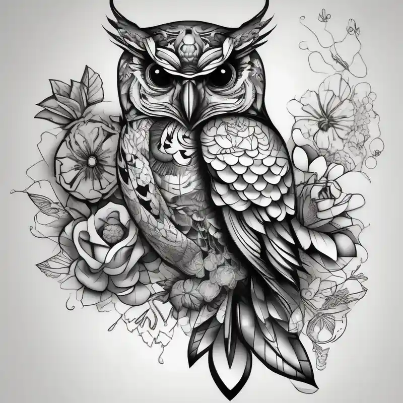 black and white style Hummingbird Tattoo Meaning and Designs in 2024 about half-sleeve with flowers and an owl