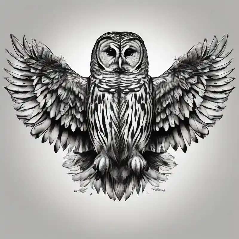 black and white style Guide des Significations et du Symbolisme des Tatouages de Hibou 2025 &Générer gratuitement about barred owl wings outstretched and barred owl wings outstretched