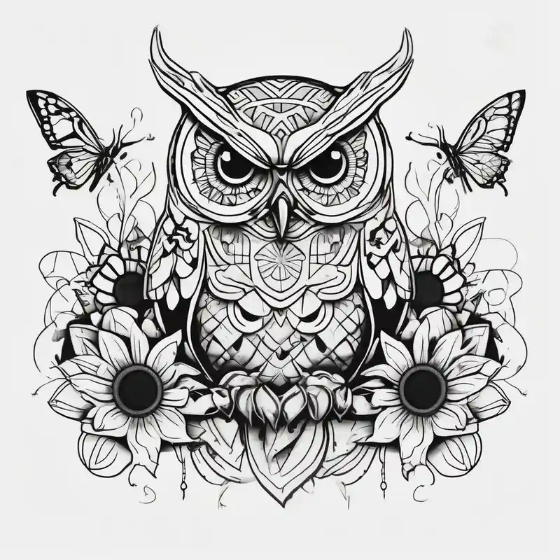 cartoon style Butterfly Tattoo Ideas in 2024 about Sleeve with an owl and sunflower and butterfly