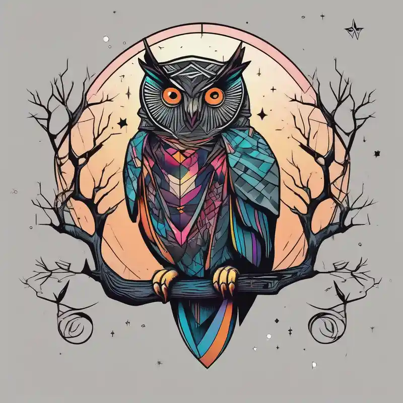 geometric style Star Tattoo Ideas in 2025 & free generation about wise owl perched on ancient oak branch under starlit sky and wise owl perched on ancient oak branch under starlit sky