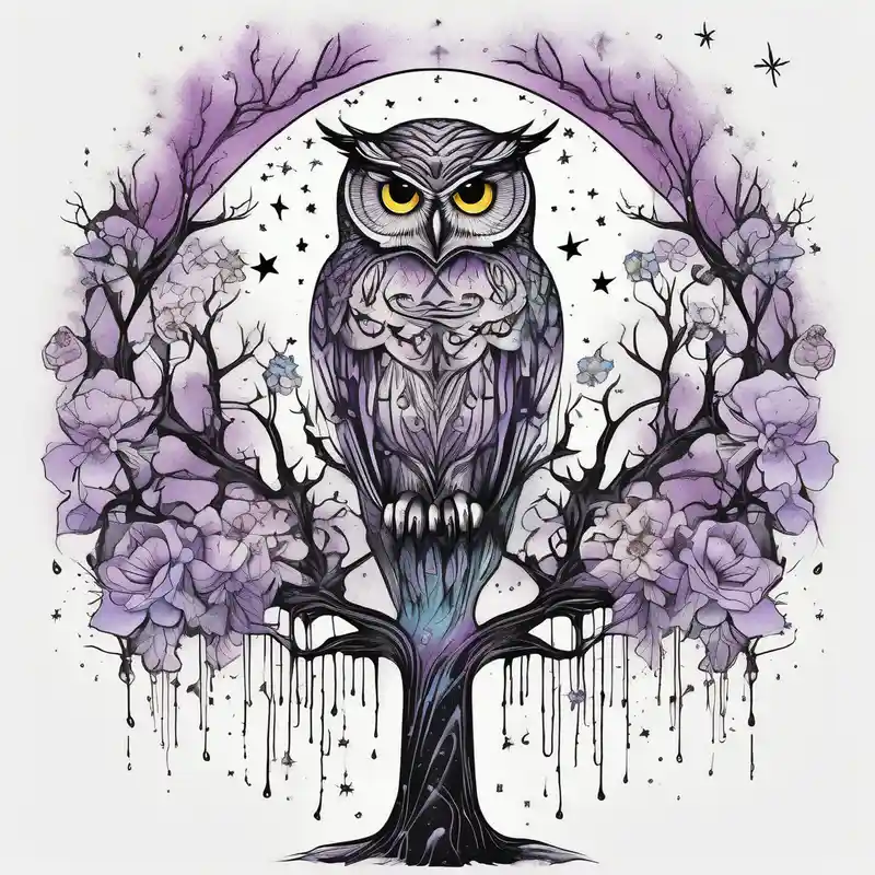 watercolor style Owl Tattoo Ideas in 2025 about Winter sky and flowers