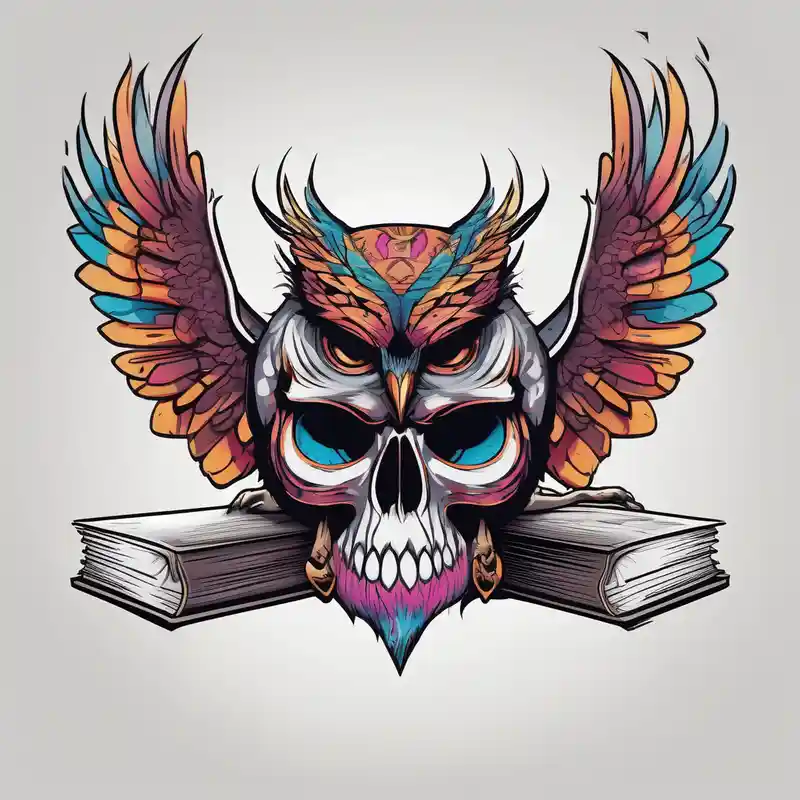 cartoon style Ideas de tatuajes de libros en 2025 about agressive owl on top of human skull and open wings