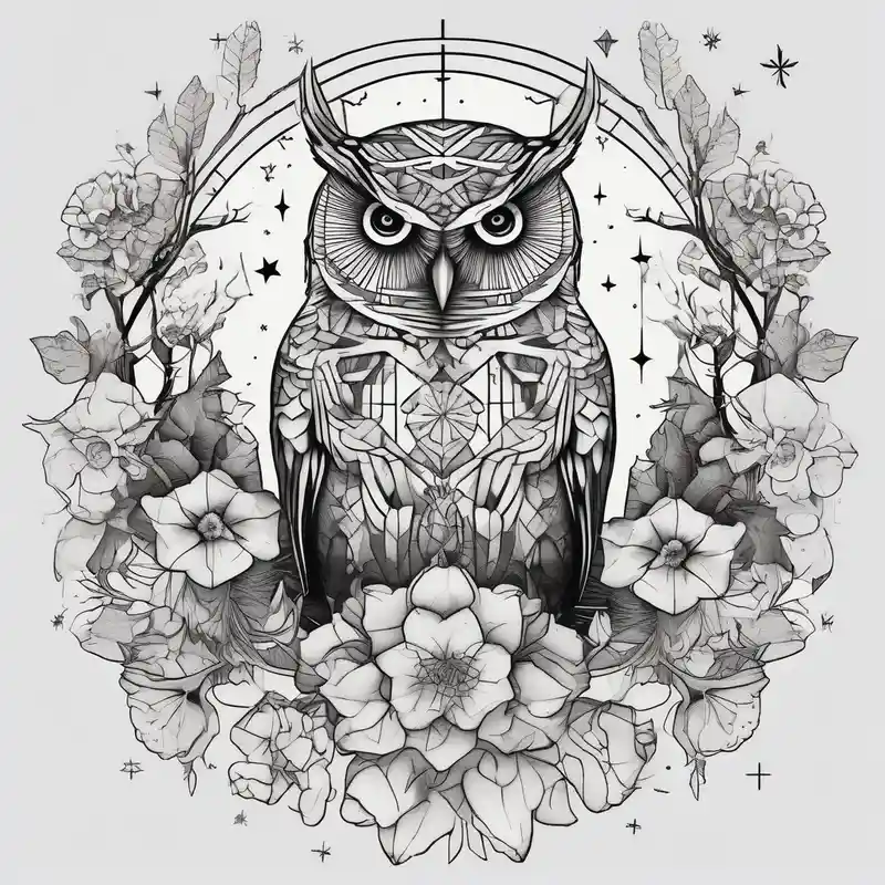 geometric style Owl Tattoo Ideas in 2025 about Winter sky and flowers