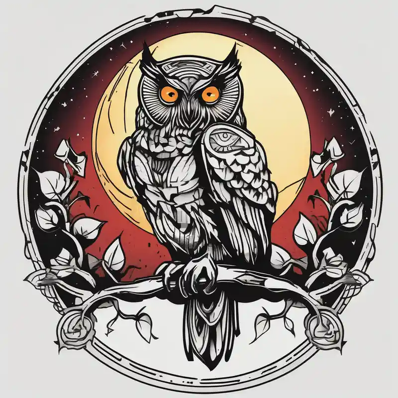 old school style Moon Tattoo Designs and Meanings about An owl perched beneath a glowing moon and An owl perched beneath a glowing moon