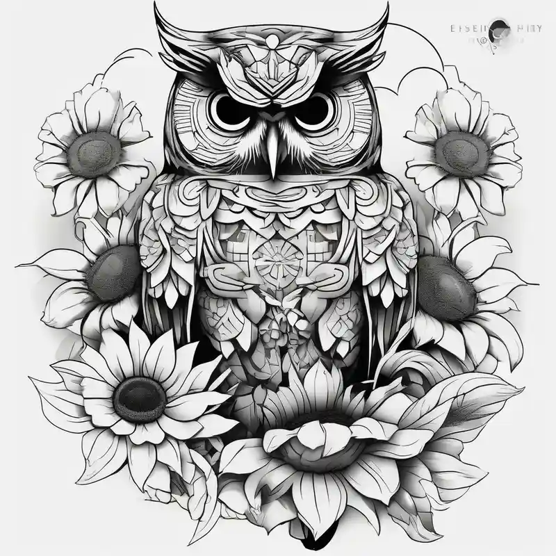 japanese style Owl Tattoo Designs in 2024 about Owl and sunflower sleeve and Owl and sunflower sleeve