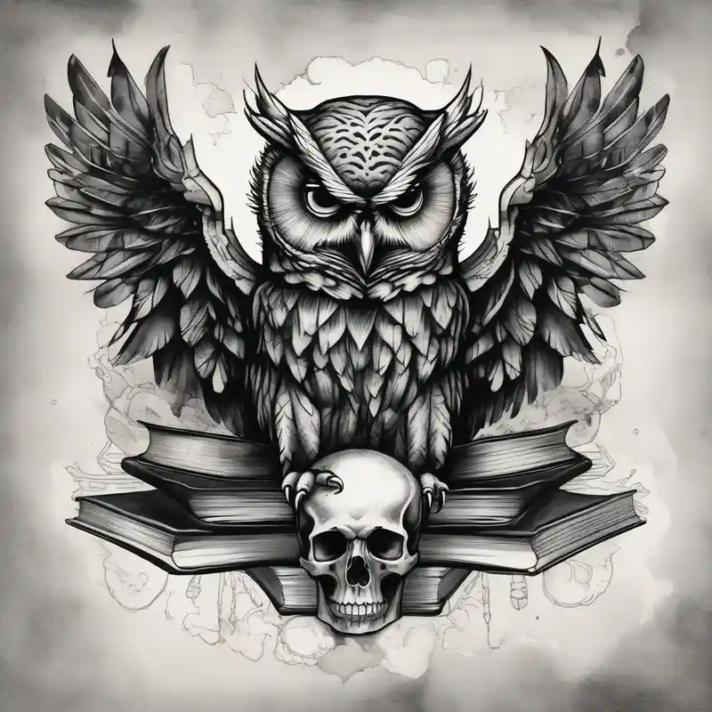 watercolor style Book Tattoo Ideas in 2025 about agressive owl on top of human skull and open wings