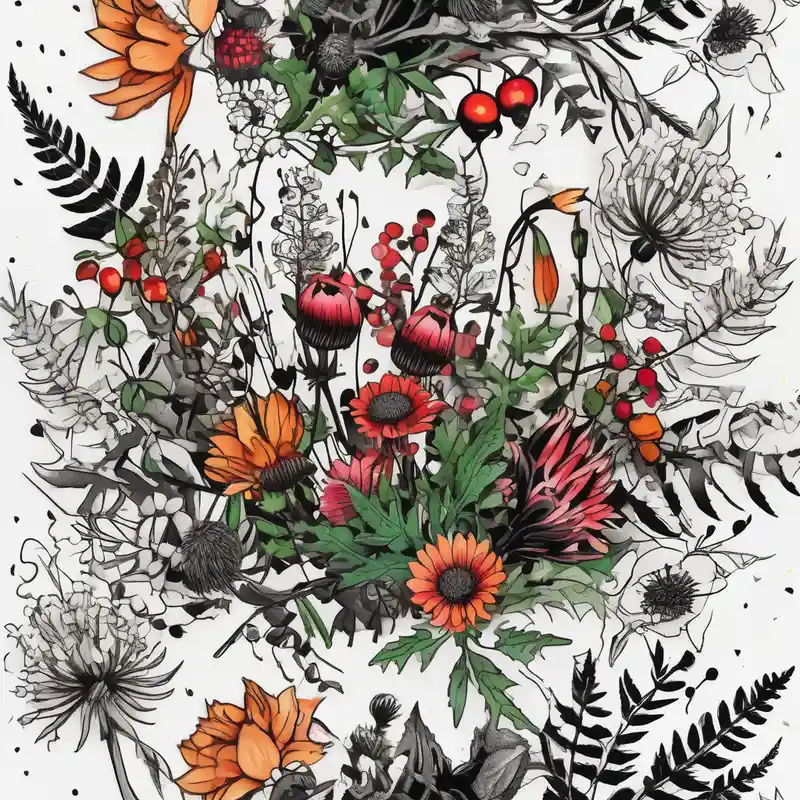 old school style Painless Tattoo Numbing Cream Guide about wildflowers with thistles and ferns