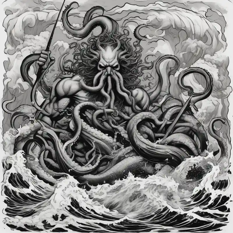 blackwork style Idées de tatouages océaniques en 2025 about Kraken octopus tentacles grabbing Poseidon thrusting trident into monster deep ocean stormy and Kraken octopus tentacles grabbing Poseidon thrusting trident into monster deep ocean stormy