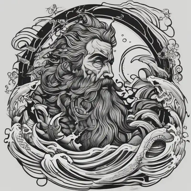 blackwork style Poseidon Tattoo Ideas in 2025 about Poseidon with waves and fish and Poseidon with waves and fish