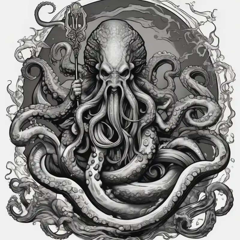 black and white style Octopus Tattoo Ideas in 2025 about Octopus monster grabbing Poseidon with his trident and Octopus monster grabbing Poseidon with his trident