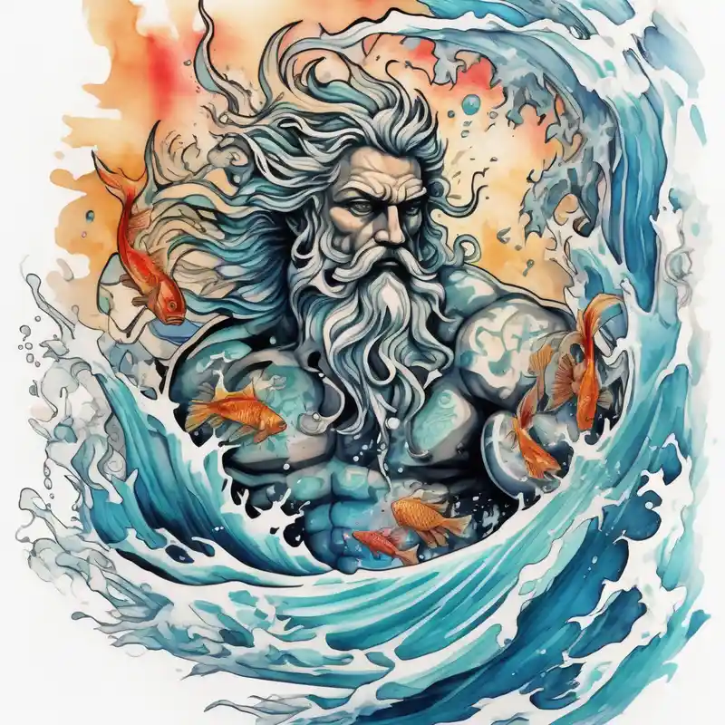 watercolor style Poseidon Tattoo Ideas in 2025 about Poseidon with waves and fish and Poseidon with waves and fish