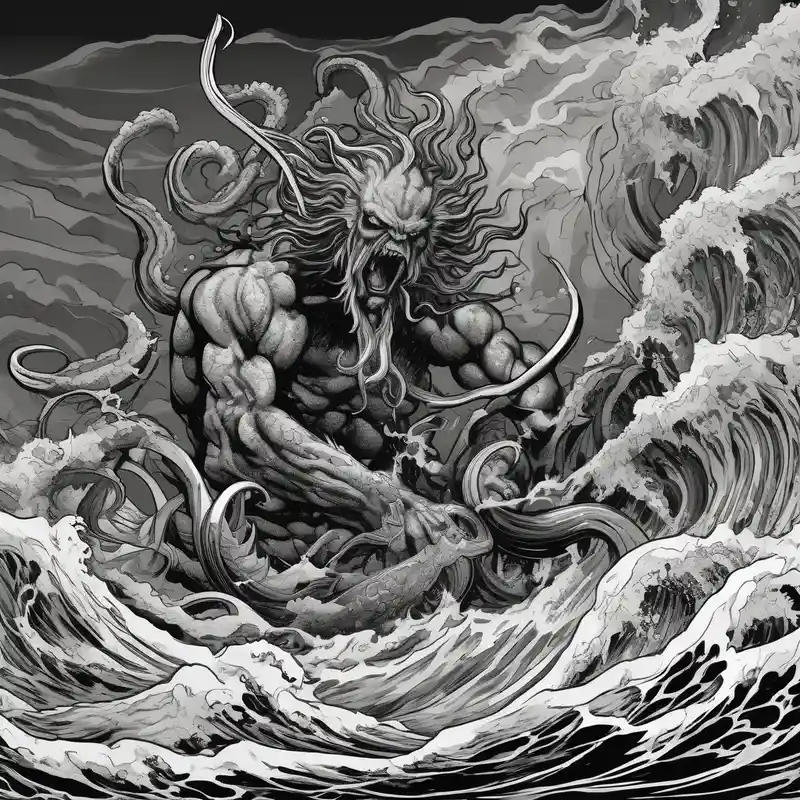 black and white style Poseidon Tattoo Ideas in 2025 about A kraken monster underwater ensnaring Poseidon as he thrust his trident into the beast. Turbulent storm with lightning & waves crashing and A kraken monster underwater ensnaring Poseidon as he thrust his trident into the beast. Turbulent storm with lightning & waves crashing