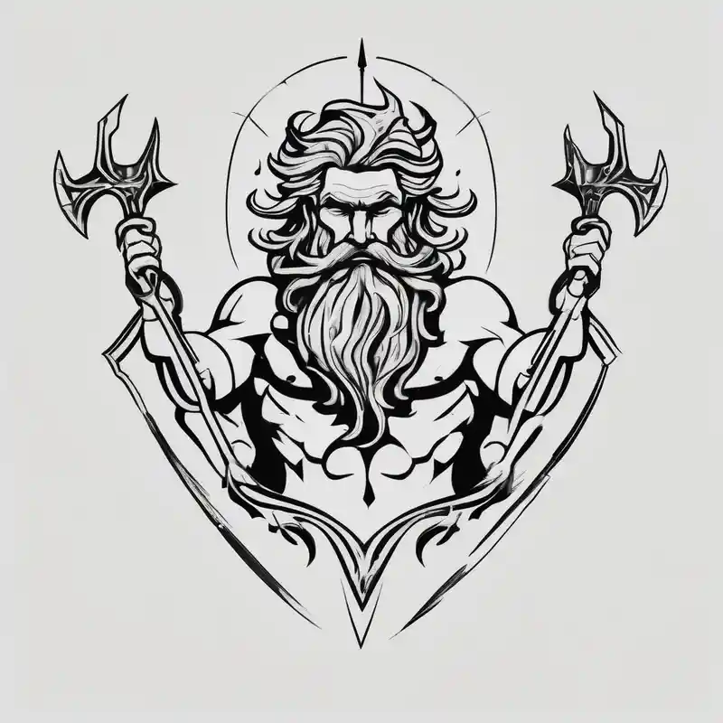 minimalist style Poseidon Tattoo Ideas in 2025 about poseidon with mechanic trident and mechanic arm and poseidon with mechanic trident and mechanic arm