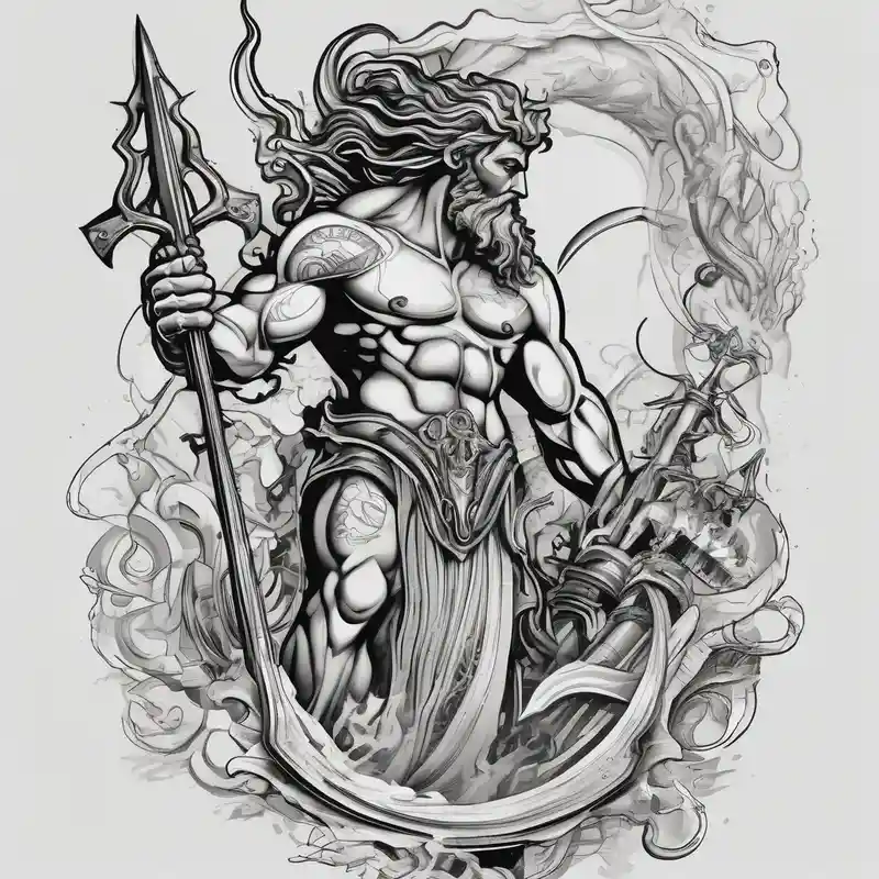 sketch style Poseidon Tattoo Ideas in 2025 about poseidon with mechanic trident and mechanic arm and poseidon with mechanic trident and mechanic arm