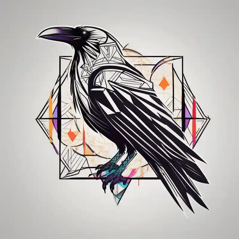 geometric style Raven Tattoo Ideas in 2025 about Geometric Perched Raven with linework around it. and Geometric Perched Raven with linework around it.