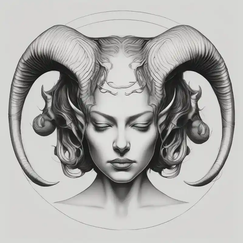 old school style Ideas de tatuajes para mujeres en 2025 about symmetrical woman head with curved horns facing downwards dark realism looking front facing view and ultra-detailed