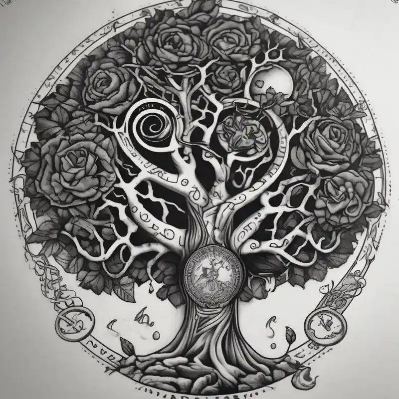 blackwork style Tree Tattoo Symbolism and Cultural Meanings Guide 2025 & free generation about Micro realism tattoo design featuring the helix merging into the tree of life. With my zodiac sign libra holding the brain and heart on each side of the scale with the heart out weighing the brain and Micro realism tattoo design featuring the helix merging into the tree of life. With my zodiac sign libra holding the brain and heart on each side of the scale with the heart out weighing the brain