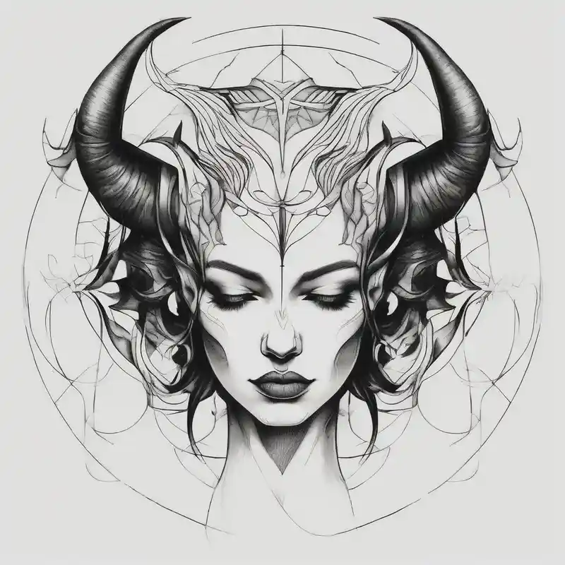 sketch style Ideas de tatuajes para mujeres en 2025 about symmetrical woman head with curved horns facing downwards dark realism looking front facing view and symmetrical woman head with curved horns facing downwards dark realism looking front facing view